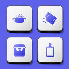 Set Cooking pot, Packet of pepper, Slow cooker and Cutting board icon. White square button. Vector