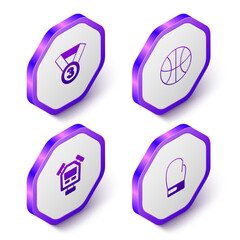 Set Isometric Medal, Basketball ball, Stopwatch and Boxing glove icon. Purple hexagon button. Vector