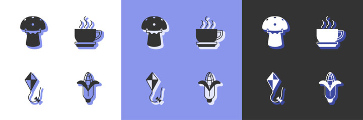 Set Corn, Mushroom, Kite and Coffee cup icon. Vector