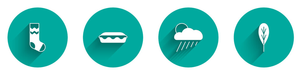 Obraz premium Set Socks, Homemade pie, Cloud with rain and sun and Leaf icon with long shadow. Vector