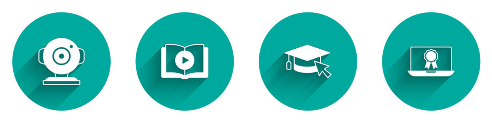 Set Web camera, Audio book, Graduation cap with cursor and Online education diploma icon with long shadow. Vector