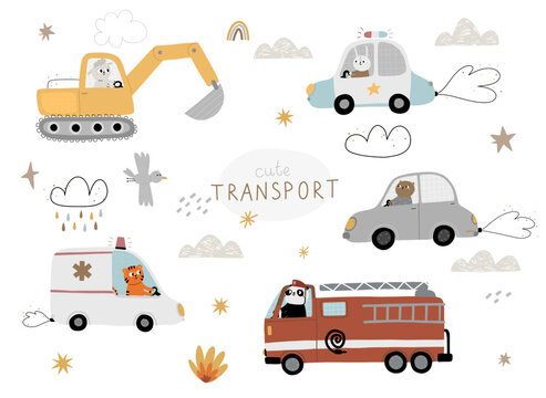 Set of vehicles for children. Car, ambulance, fire truck, excavator, and a police car are isolated on a white background vector illustration.