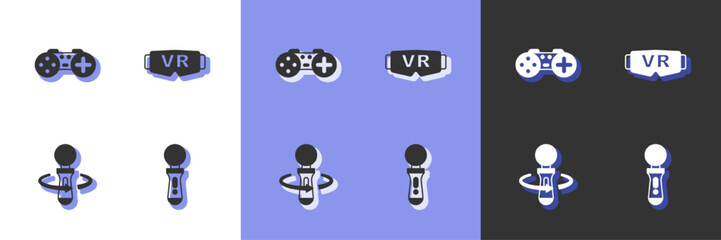 Set VR controller game, Gamepad, and Virtual reality glasses icon. Vector
