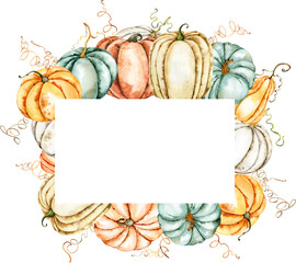 Watercolor pumpkins, fall harvest frame, border. Botanical, nature, healthy food design isolated on white. Bohemian style fall wedding invitation, thanksgiving greeting, card, postcard