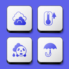 Set Cloud, Thermometer, Acid rain radioactive cloud and Umbrella icon. White square button. Vector