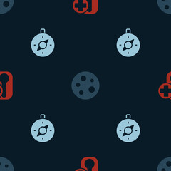 Set Thermometer, Moon and Compass on seamless pattern. Vector