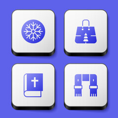 Set Snowflake, Christmas shopping bag, Holy bible book and Winter scarf icon. White square button. Vector
