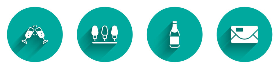 Set Glass of champagne, Christmas lights, Champagne bottle and Envelope icon with long shadow. Vector