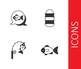Set Fish, Fishing rod and fish and net icon. Vector