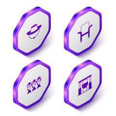 Set Isometric Fisherman hat, Camping folding chair, Dried fish and Campfire and pot icon. Purple hexagon button. Vector