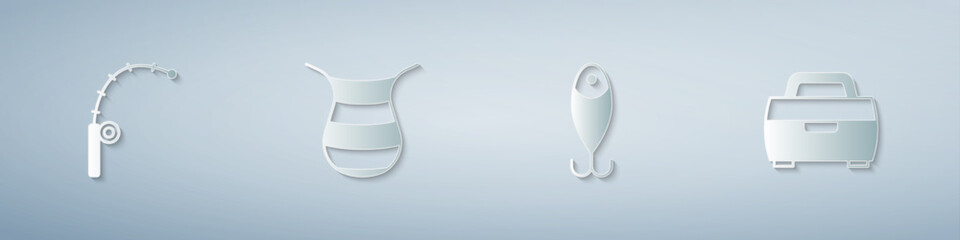 Set Fishing rod, net, lure and Case or box for fishing equipment. Paper art style. Vector