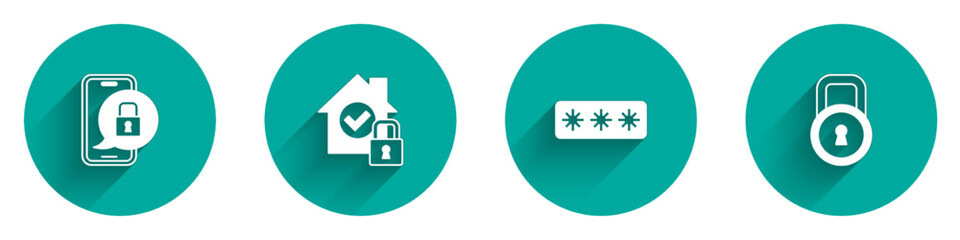 Set Mobile with closed padlock, House under protection, Password and Lock icon with long shadow. Vector