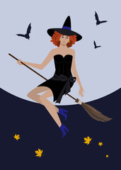 Halloween beautiful witch flying on broomstick on full  Moon