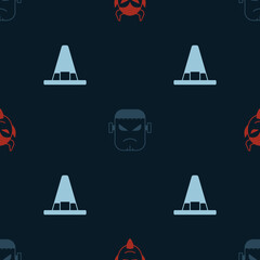 Set Devil head, Frankenstein face and Witch hat on seamless pattern. Vector