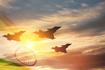 Indian Air Force Day. Indian jet air shows on background of sunset with transparent Indian flag....