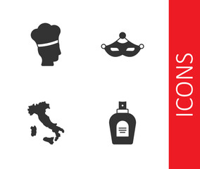 Set Perfume, Italian cook, Map of Italy and Carnival mask icon. Vector
