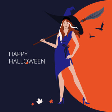 Halloween beautiful witch holding broomstick on full red Moon 