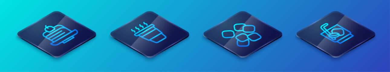 Set Isometric line Sugar cubes, Piece of cake, Espresso tonic coffee and Coffee cup go icon. Vector