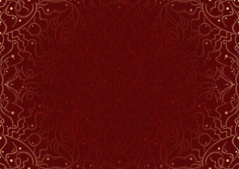 Hand-drawn unique abstract ornament. Light red on a deep red background, with vignette of same pattern in golden glitter. Paper texture. Digital artwork, A4. (pattern: p07-2a)