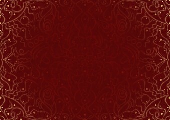 Hand-drawn unique abstract ornament. Light red on a deep red background, with vignette of same pattern in golden glitter. Paper texture. Digital artwork, A4. (pattern: p07-2a)