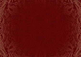 Hand-drawn unique abstract ornament. Light red on a deep red background, with vignette of same pattern in golden glitter. Paper texture. Digital artwork, A4. (pattern: p09a)