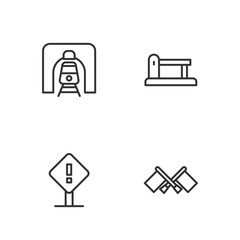 Set line Flag, Exclamation mark in square, Train railway tunnel and Railway barrier icon. Vector