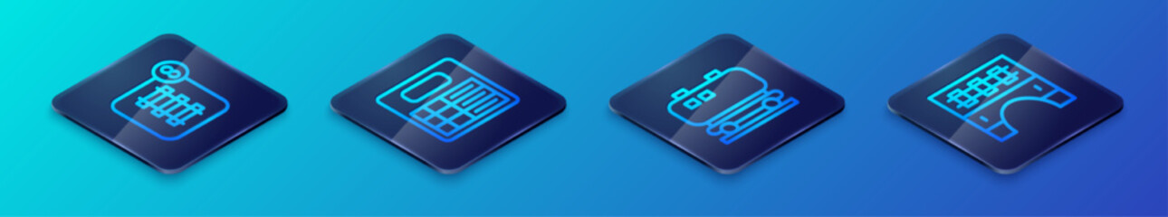 Set Isometric line Oil railway cistern, Online ticket booking, Bridge for train and Train station board icon. Vector
