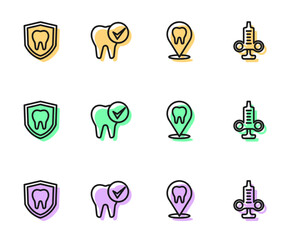 Set line Dental clinic location, protection, Tooth and Syringe icon. Vector