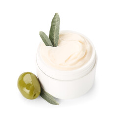 Jar of cream with green olive and leaves on white background