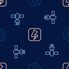 Set line Moon phases, Satellite and Lightning bolt on seamless pattern. Vector