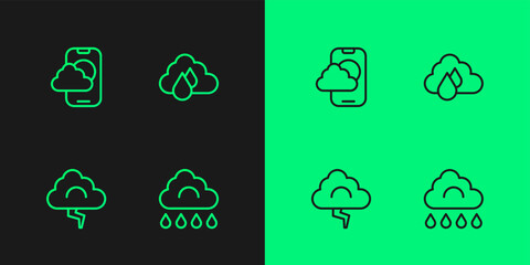 Set line Cloud with rain, and lightning, Weather forecast app and icon. Vector