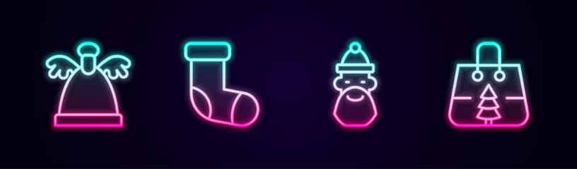 Set line Angel, Christmas stocking, Santa Claus hat and beard and shopping bag. Glowing neon icon. Vector