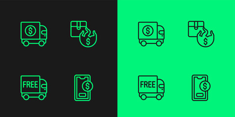 Set line Mobile with dollar, Free delivery service, Armored truck and Hot price icon. Vector
