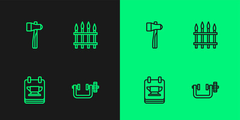 Set line Clamp and screw tool, Blacksmith anvil, Hammer and Classic iron fence icon. Vector