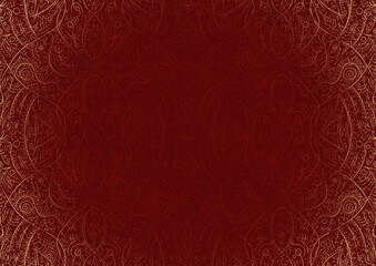 Hand-drawn unique abstract ornament. Light red on a deep red background, with vignette of same pattern and splatters in golden glitter. Paper texture. Digital artwork, A4. (pattern: p08-2b)