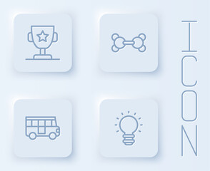 Set line Award cup, Molecule, School Bus and Creative lamp light idea. White square button. Vector