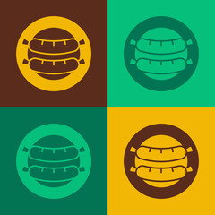 Pop art Sausage icon isolated on color background. Grilled sausage and aroma sign. Vector