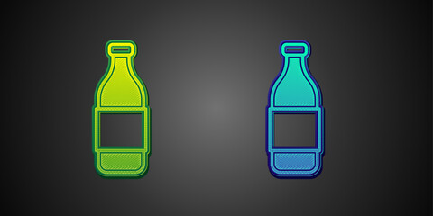 Green and blue Bottle of wine icon isolated on black background. Vector