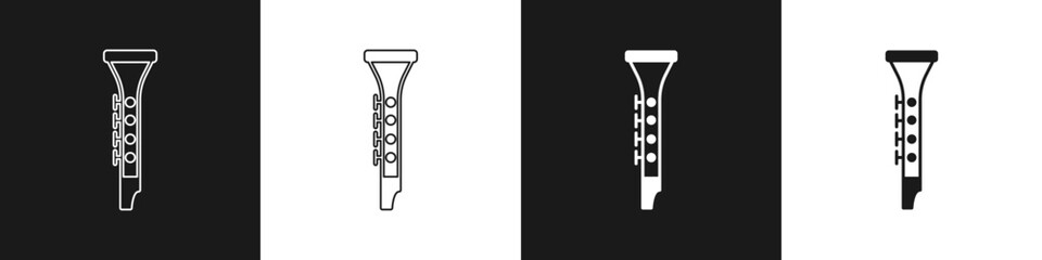 Set Clarinet icon isolated on black and white background. Musical instrument. Vector