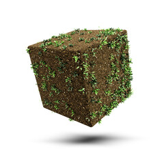 Wet Dirt Cube with growing Grass on white background