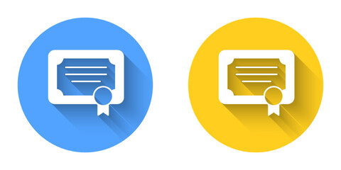 Obraz premium White Certificate template icon isolated with long shadow background. Achievement, award, degree, grant, diploma concepts. Circle button. Vector