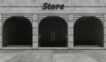 Modern Empty Store Front with Big Arch Windows with lights off inside