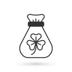 Grey Money bag with clover trefoil leaf icon isolated on white background. Happy Saint Patricks day. National Irish holiday. Vector