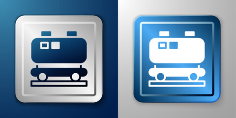 White Oil railway cistern icon isolated on blue and grey background. Train oil tank on railway car. Rail freight. Oil industry. Silver and blue square button. Vector