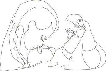 Abstract mother with baby in continuous one line drawing style. Mother's Day card. A woman hugs and kisses her child. The concept of happy motherhood. Modern illustration