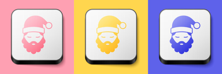 Isometric Santa Claus hat and beard icon isolated on pink, yellow and blue background. Merry Christmas and Happy New Year. Square button. Vector