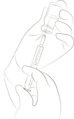 Vaccine against coronavirus COVID-19. The concept of vaccination. The doctor's hand in gloves holds a vial of medicinal vaccine and a syringe. Development and creation of a vaccine against coronavirus