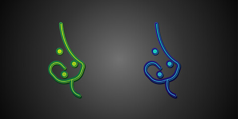 Green and blue Acne icon isolated on black background. Inflamed pimple on the skin. The sebum in the clogged pore promotes the growth of a bacteria. Vector