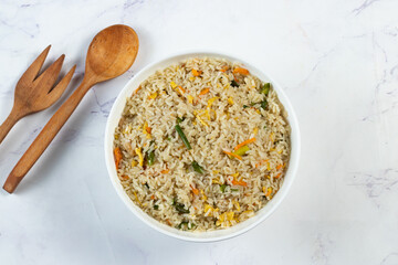 Egg Fried Rice served in a dish isolated on background side view of chinese food