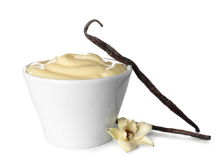 Ramekin of tasty vanilla pudding on white background